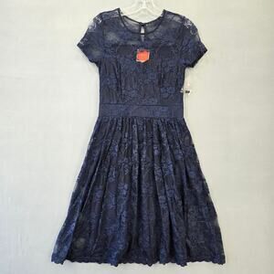 ModCloth Blue Navy Dress NEW Stretch Lace Midi Short Sleeves Scoop Neck Womens S